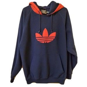 Vintage Adidas Fleece Navy Blue Sweatshirt Adult Large Red Trefoil Logo & Hood